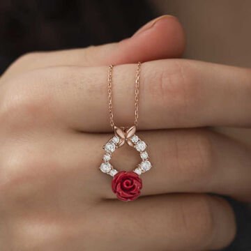 925 Ayar ​​Gümüş Rose Kırmızı Gül Kolye