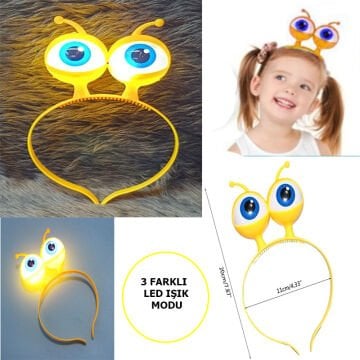 Led Işıklı Pilli 3 Farklı Modda Yanan Uzaylı Göz Parti Tacı Sarı Renk 18x12 cm
