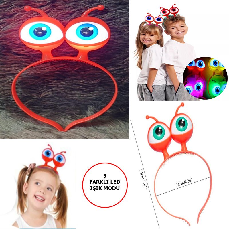 Led Işıklı Pilli 3 Farklı Modda Yanan Uzaylı Göz Parti Tacı Kırmızı Renk 18x12 cm