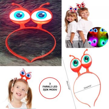 Led Işıklı Pilli 3 Farklı Modda Yanan Uzaylı Göz Parti Tacı Kırmızı Renk 18x12 cm