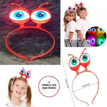 Led Işıklı Pilli 3 Farklı Modda Yanan Uzaylı Göz Parti Tacı Kırmızı Renk 18x12 cm