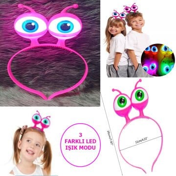 Led Işıklı Pilli 3 Farklı Modda Yanan Uzaylı Göz Parti Tacı Pembe Renk 18x12 cm