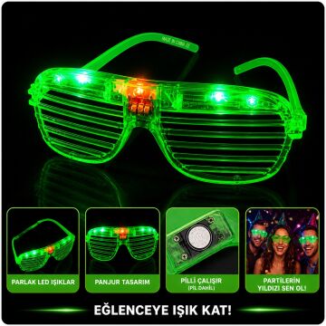 LED Işıklı Panjur Parti Gözlüğü Yeşil Renk Gözlük