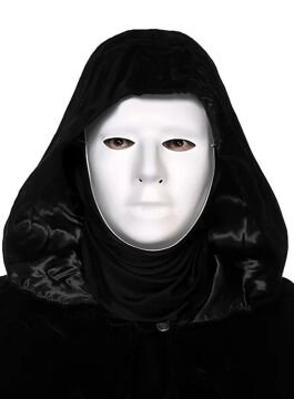 Siyah Kapüşonlu 120 cm Pelerin ve Beyaz Boyanabilir Tam Yüz Maske