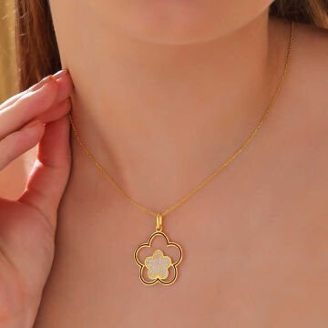 ​925 Ayar Gümüş Gold Çiçek Desenli Kadın Kolye
