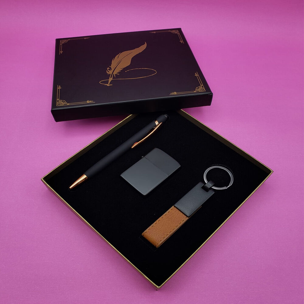 Siyah Rubber Kalem Çakmak ve Anahtarlık Set