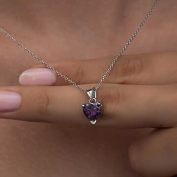 925 Ayar Gümüş Mor Taşlı Kalpli Kadın Kolye
