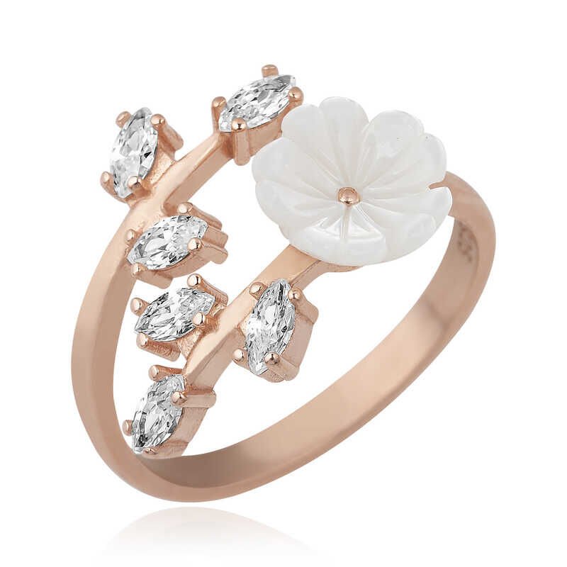 ​925 Ayar Gümüş Rose Beyaz Bahar Çiçeği Yüzük