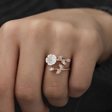 ​925 Ayar Gümüş Rose Beyaz Bahar Çiçeği Yüzük