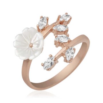 ​925 Ayar Gümüş Rose Beyaz Bahar Çiçeği Yüzük