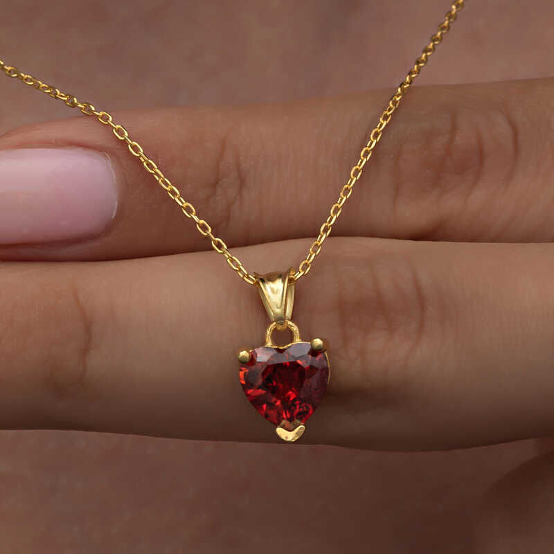 925 Ayar Gümüş Gold Kırmızı Taşlı Kalpli Kadın Kolye