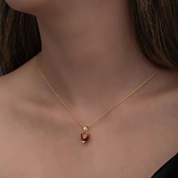 925 Ayar Gümüş Gold Kırmızı Taşlı Kalpli Kadın Kolye