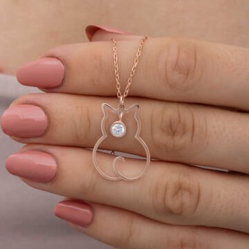 925 Ayar Gümüş Nisan Ayı Doğum Taşı Kedi Kadın Kolye