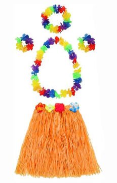 Yetişkin ve Çocuk Uyumlu Luau Aloha Hawaii Turuncu Etek ve Renkli Kolye Taç 2 Adet Bileklik Seti