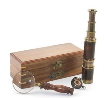 Ahşap Kutu Pirinç Pusula, Dürbün, Büyüteç, Seti