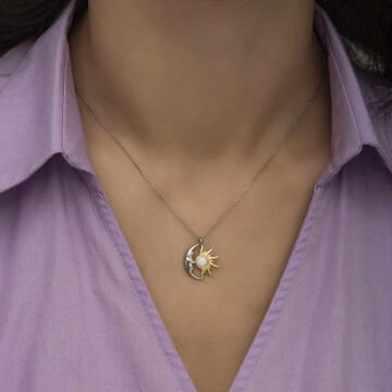 925 Ayar Gümüş Opal Beyaz Taşlı Ay Güneş Kadın Kolye