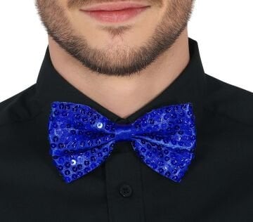 Gece Işıltısı Mavi Payetli Pullu Papyon 7x2 cm