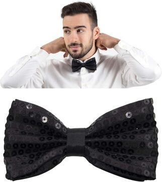 Gece Işıltısı Siyah Payetli Pullu Papyon 7x2 cm