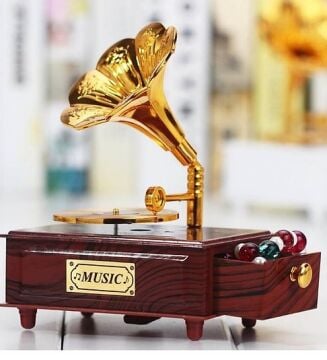 Nostaljik Gramafon Hareketli Müzik Kutusu Çekmeceli N-28AL5