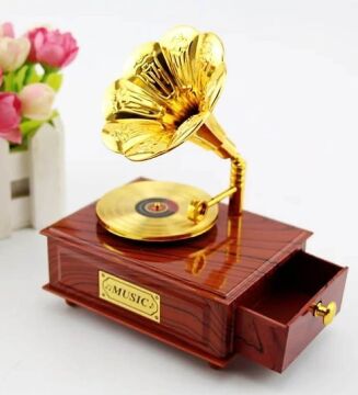 Nostaljik Gramafon Hareketli Müzik Kutusu Çekmeceli N-28AL5