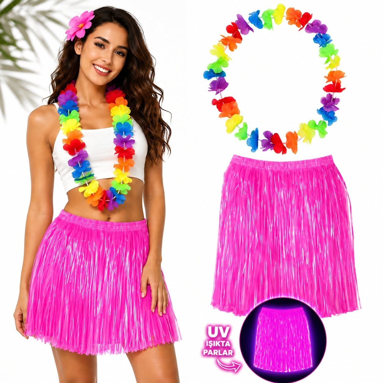 Pembe Hawaii Etek 40 cm ve Rengarenk Hawaii Kolye