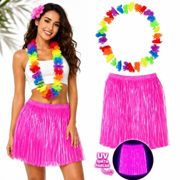 Pembe Hawaii Etek 40 cm ve Rengarenk Hawaii Kolye