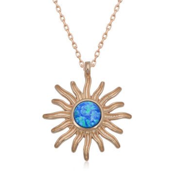 ​925 Ayar Gümüş Rose Mavi Opal Taşlı Güneş Kadın Kolye