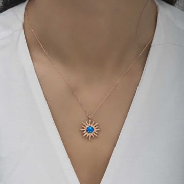 ​925 Ayar Gümüş Rose Mavi Opal Taşlı Güneş Kadın Kolye