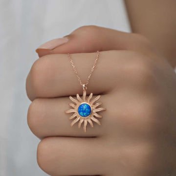 ​925 Ayar Gümüş Rose Mavi Opal Taşlı Güneş Kadın Kolye