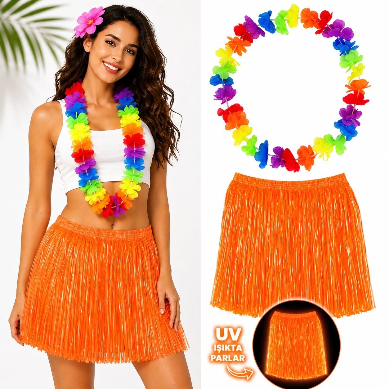Turuncu Hawaii Etek 40 cm ve Rengarenk Hawaii Kolye