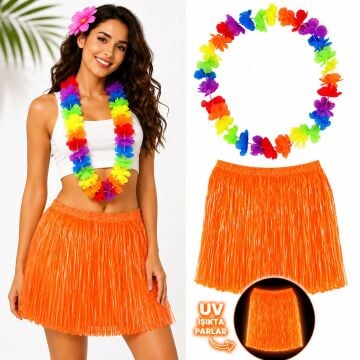 Turuncu Hawaii Etek 40 cm ve Rengarenk Hawaii Kolye