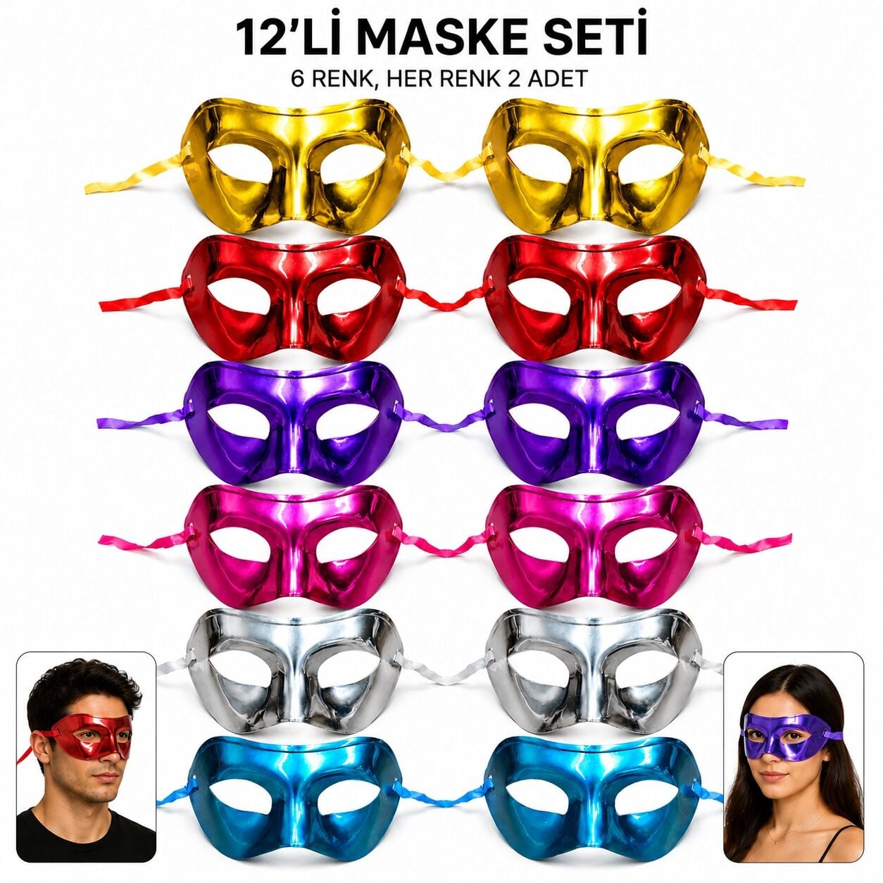 Metalik Venedik Parti Maskesi Seti – 6 Renk Karışık