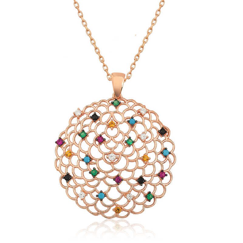 925 Ayar Gümüş Geometrik Desenli Madalyon Kadın Gümüş Kolye