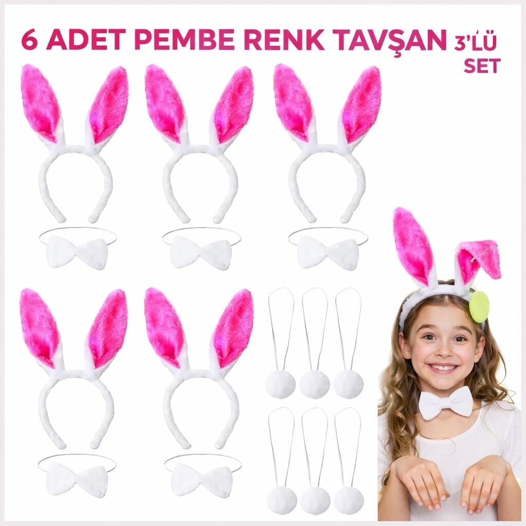 Şeker Pembesi Tavşan Sahne Set Taç Papyon Kuyruk