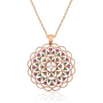Gümüş Rose Geometrik Desenli Madalyon Kolye