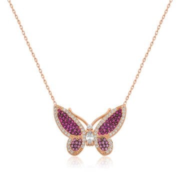 925 Ayar Gümüş Pembe Kelebek Kadın Gümüş Kolye