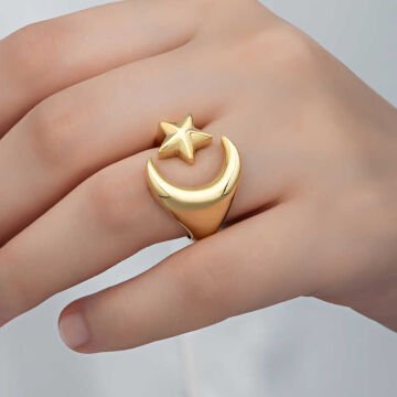 925 Ayar Gümüş Gold Ay Yıldız Kadın Yüzük