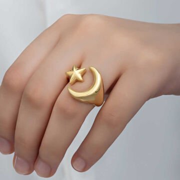 925 Ayar Gümüş Gold Ay Yıldız Kadın Yüzük