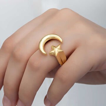 925 Ayar Gümüş Gold Ay Yıldız Kadın Yüzük