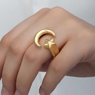 925 Ayar Gümüş Gold Ay Yıldız Kadın Yüzük
