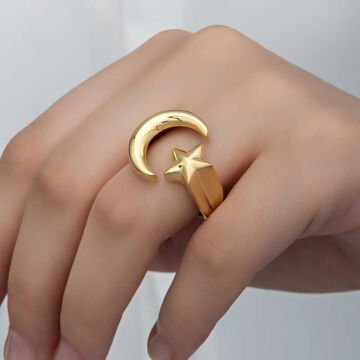 925 Ayar Gümüş Gold Ay Yıldız Kadın Yüzük