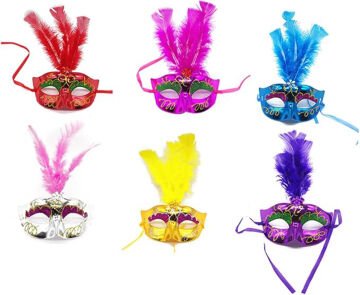 Renkli Tüylü Venedik Parti Maskesi Karışık Renk 12 Adet