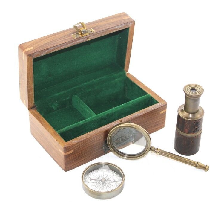 Ahşap Kutu Pirinç Pusula Dürbün Büyüteç Seti