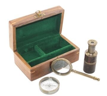 Ahşap Kutu Pirinç Pusula Dürbün Büyüteç Seti