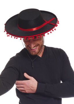 Kırmızı Ponponlu Siyah Renk Yetişkin İspanyol Şapkası