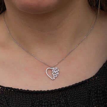 925 Ayar Gümüş Baget Taşlı Kalp Kadın Kolye