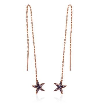 Gümüş Siyah Taşlı Deniz Yıldızı Zincirli Küpe