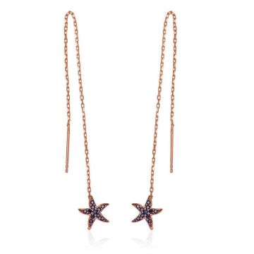 Gümüş Siyah Taşlı Deniz Yıldızı Zincirli Küpe