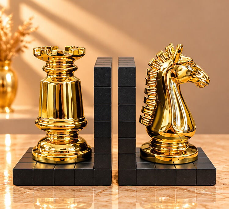Polyester Gold Satranç Taşı Tasarımlı Dekoratif Kitap Tutucu Seti