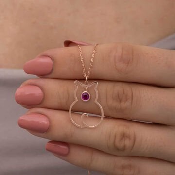 925 Ayar Gümüş Temmuz Ayı Doğum Taşı Kedi Kadın Kolye